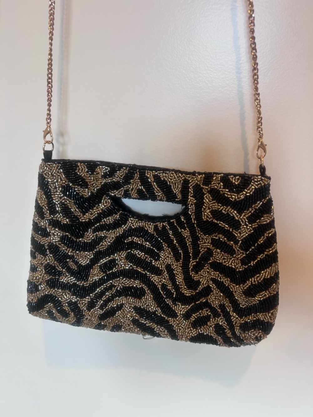 New Rachel Zoe Black and Gold Clutch with  24” detachable drop chain